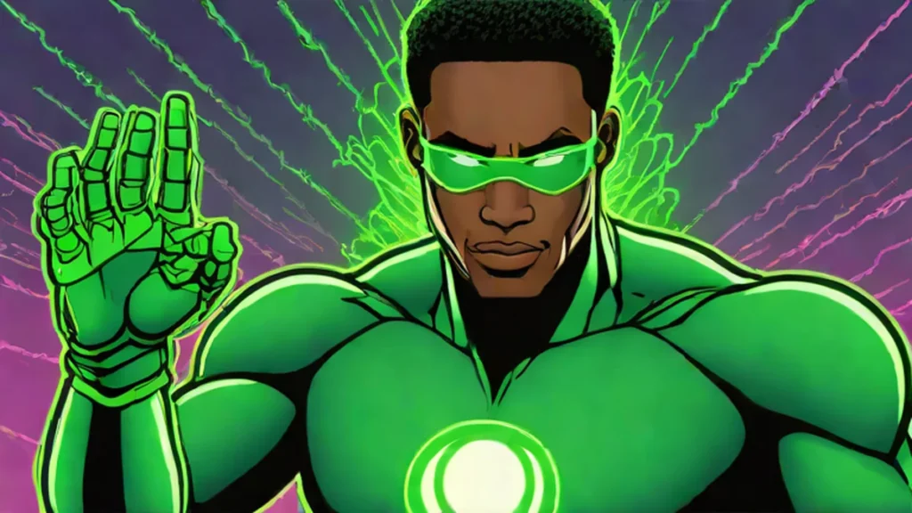 A powerful Black man portrayed as a Green Lantern with glowing green energy.