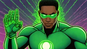 A powerful Black man portrayed as a Green Lantern with glowing green energy.