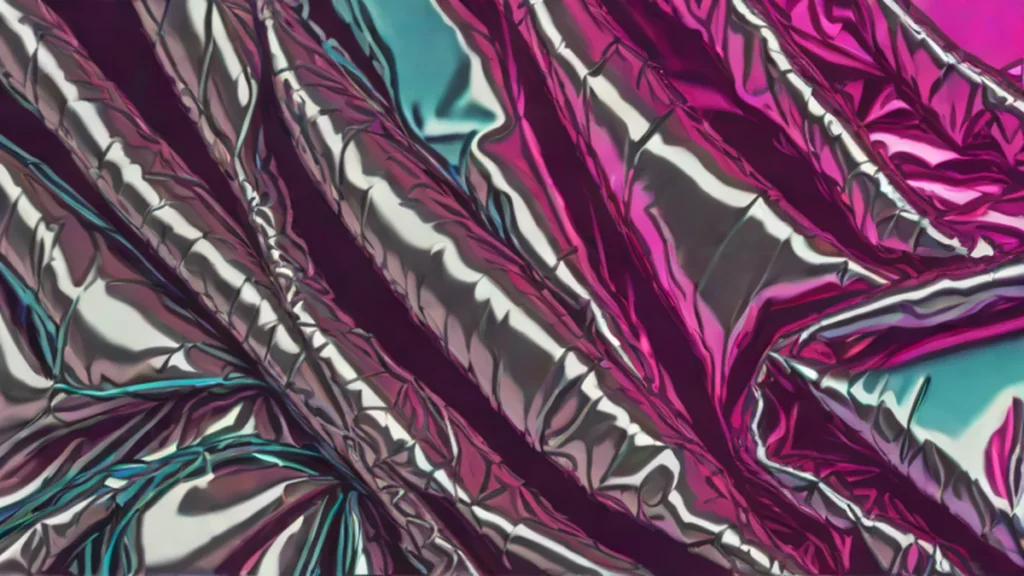Close-up view of textured silver metallic woven fabric with crinkled surfaces and raw edges.