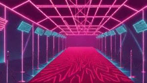 An empty red carpet at a high-profile awards ceremony with bright lights and velvet ropes.