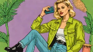 Lili Reinhart wearing indigo flared jeans, a chartreuse jacket, and an olive green clutch for fall fashion.