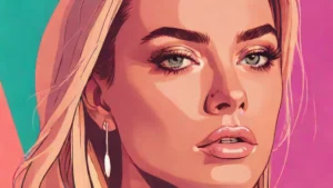 Close-up portrait of a stylish adult woman with a confident expression.