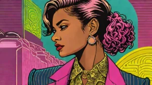 A woman wearing a pinstripe blazer and delicate lace collar in a three-quarter profile view.