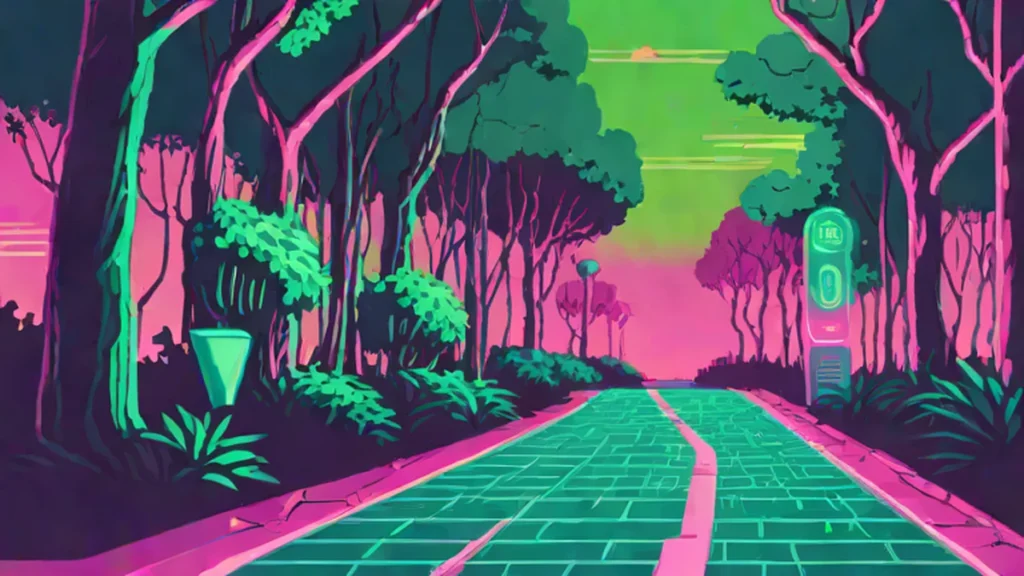 A peaceful paved walking path winding through a sunlit green park with many trees.
