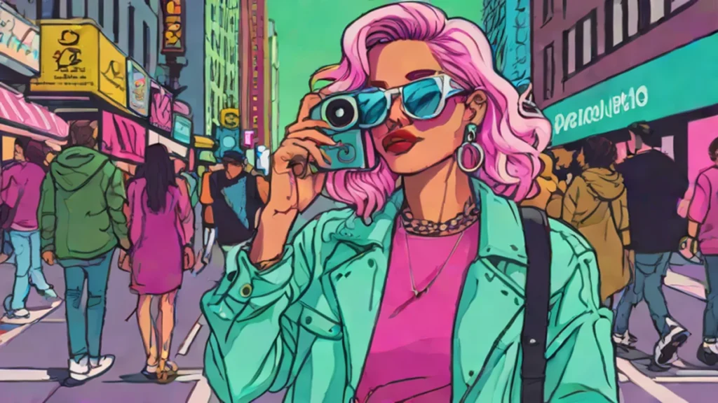 Model Lulu Tenney walking through New York City during Fashion Week holding a camera.