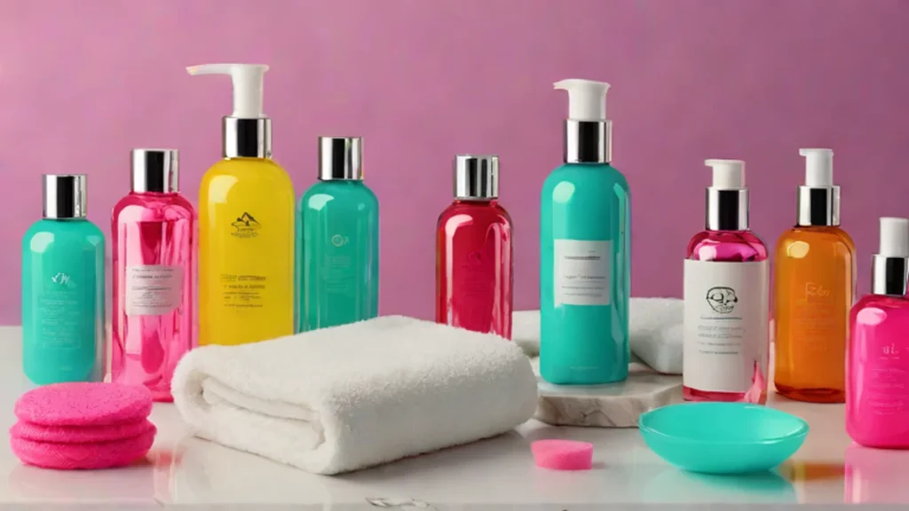 High-end skincare products and designer toiletries arranged on a luxury hotel marble vanity.