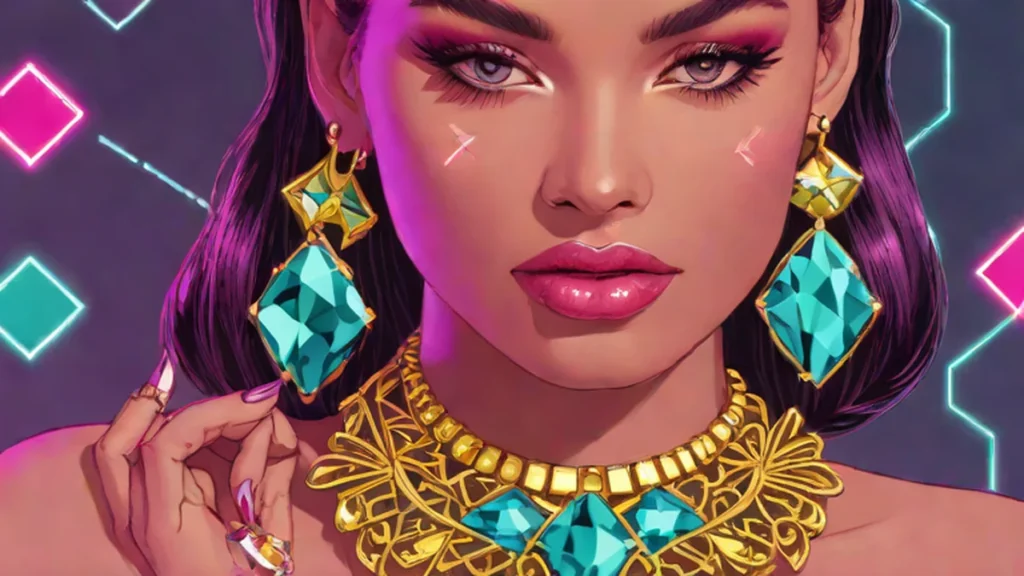 Close up of a woman wearing diamond bow necklaces and gold clover motif jewelry.