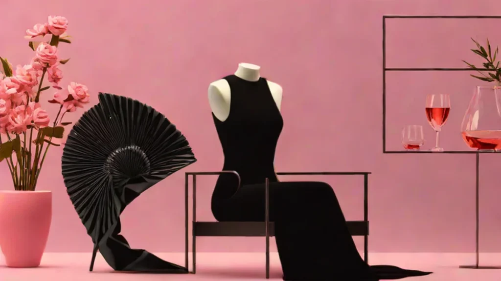 A sculptural black designer dress and a pink rosé cocktail on a table.