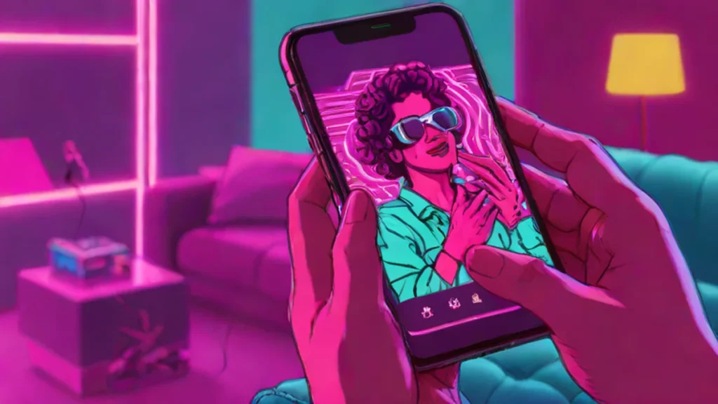 A woman examines her partner's smartphone screen showing a social media video feed.