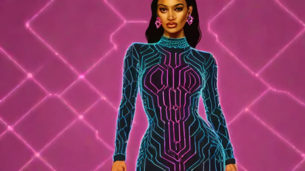 A woman wearing a tight, beaded knitted bodycon dress that contours her figure.