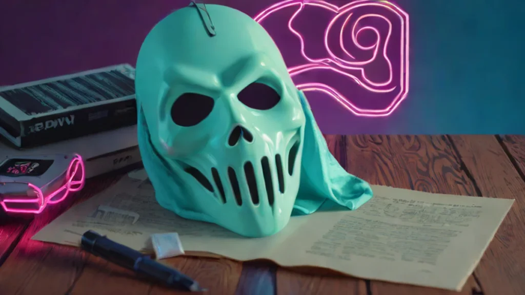 A white ghost mask and a movie script resting on a dark wooden surface.