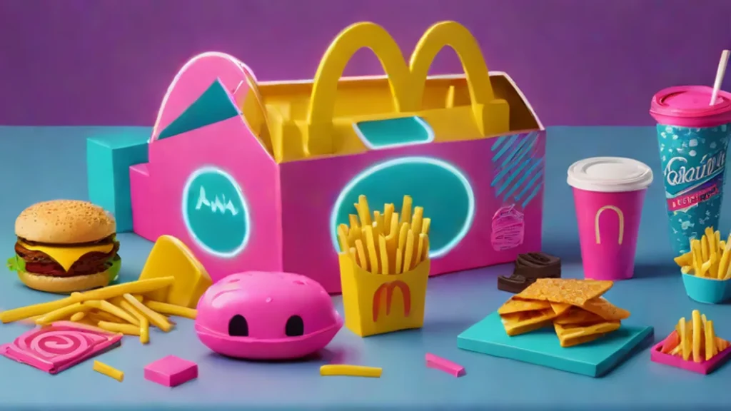 A collection of small colorful plastic character figurines resting on a red surface.
