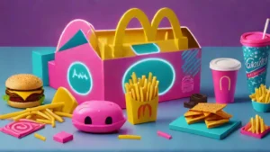 A collection of small colorful plastic character figurines resting on a red surface.