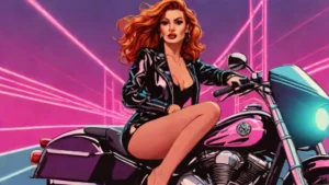 Meg Stalter posing in a black leotard while riding a motorcycle for her new album era.