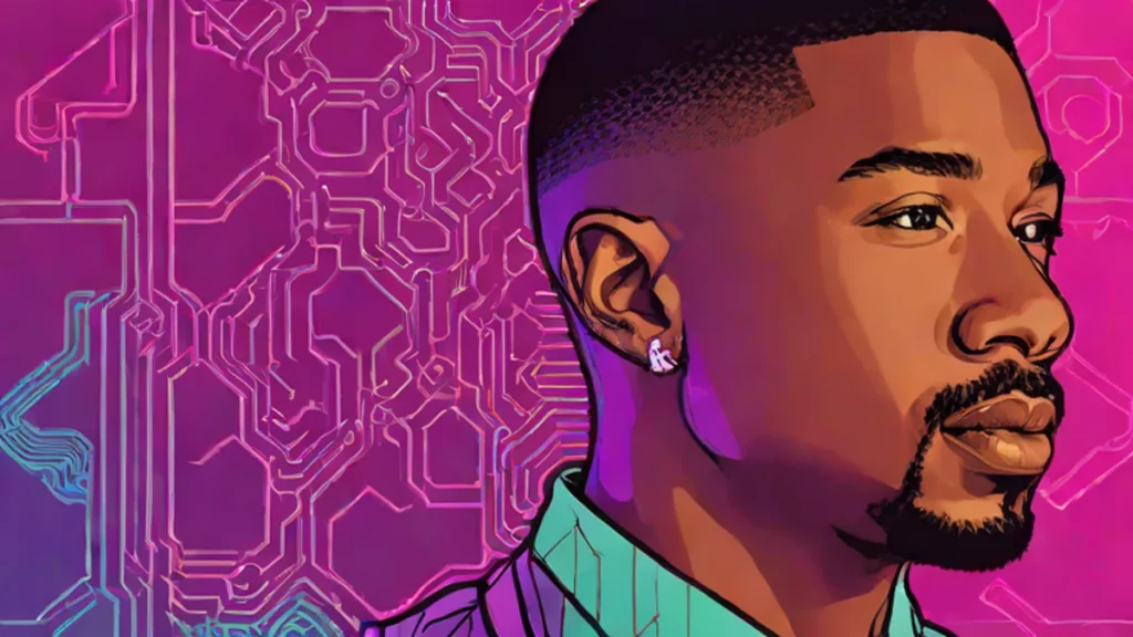 A three-quarter profile portrait of Michael B. Jordan looking sophisticated and thoughtful.