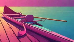A rowing oar and racing shell resting on a wooden dock by the water.