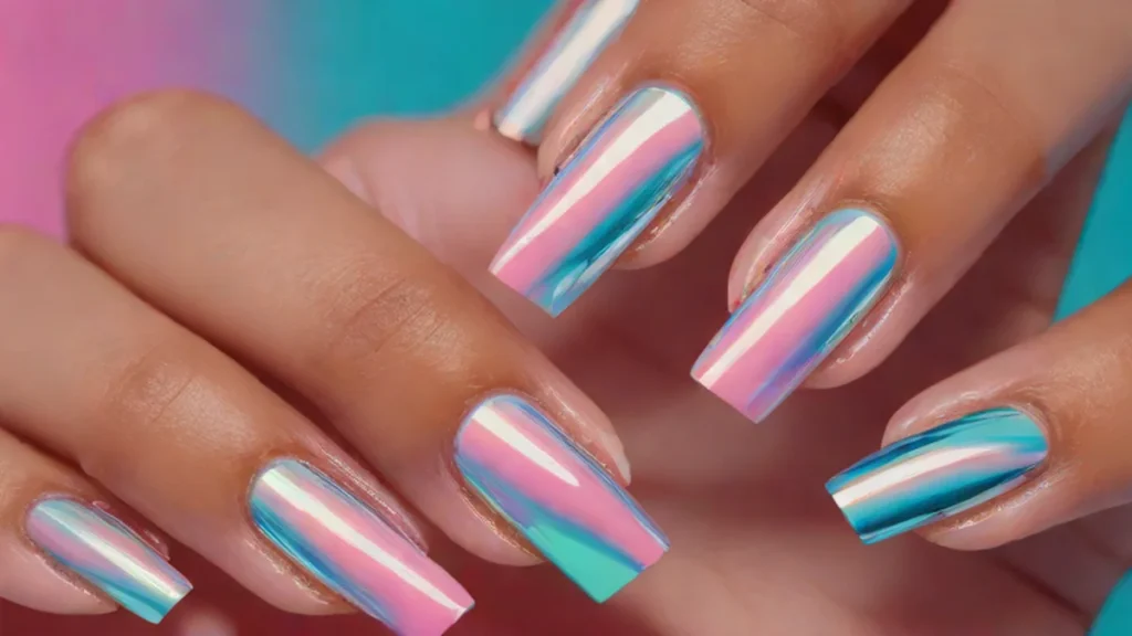 Close up of hands featuring seamless sheer foundation nails in a glossy neutral shade.