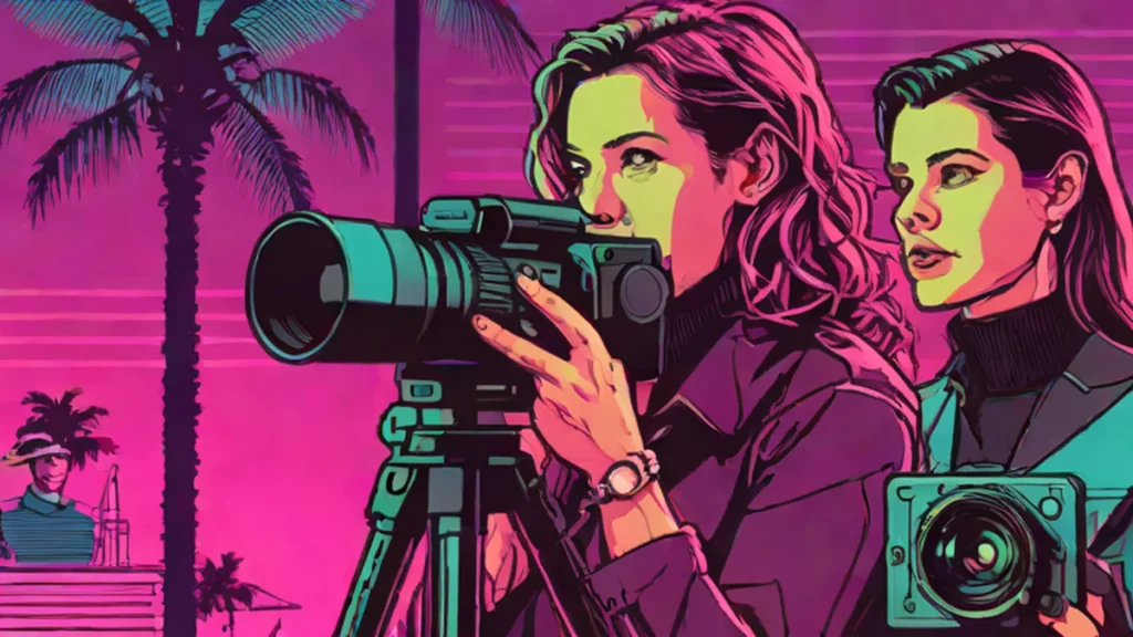 A portrait of Elizabeth Holmes looking into a documentary film camera lens.