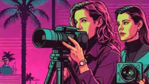 A portrait of Elizabeth Holmes looking into a documentary film camera lens.