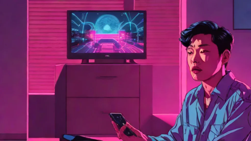 A distressed man staring at his phone in a dark high-tech apartment setting.