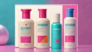 Neutrogena sunscreen bottles sitting on a white surface near a woman's profile.