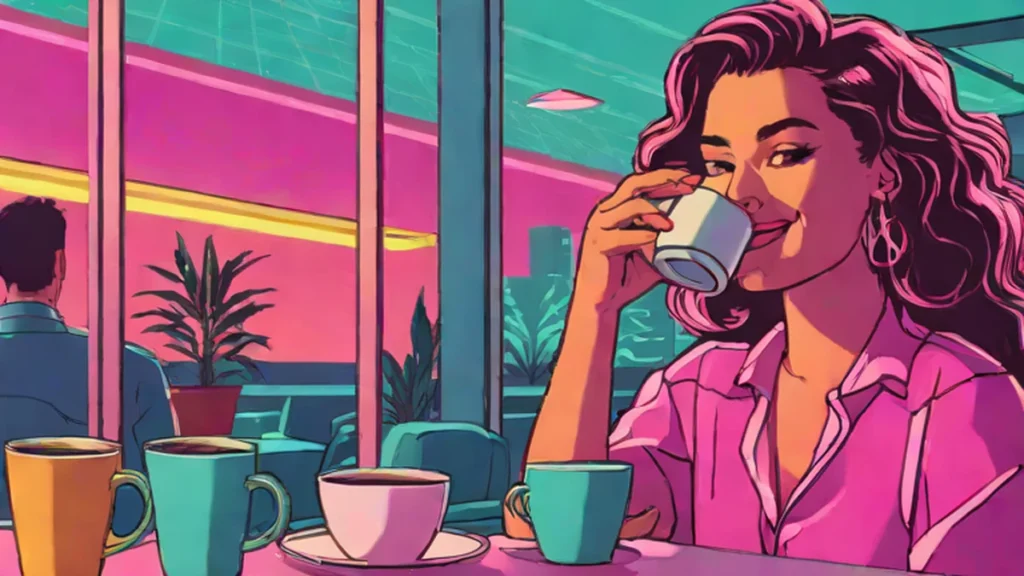 A stylish woman enjoying a cup of black coffee in a bright morning setting.
