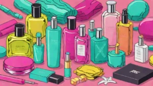 Assorted luxury skincare bottles and designer perfume resting on a white marble surface.