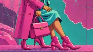 A woman holding a luxury leather handbag and wearing designer autumn boots.