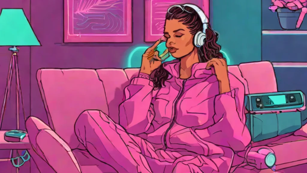 An adult woman using a NuFace microcurrent device while wearing Vuori loungewear during a Nordstrom sale.