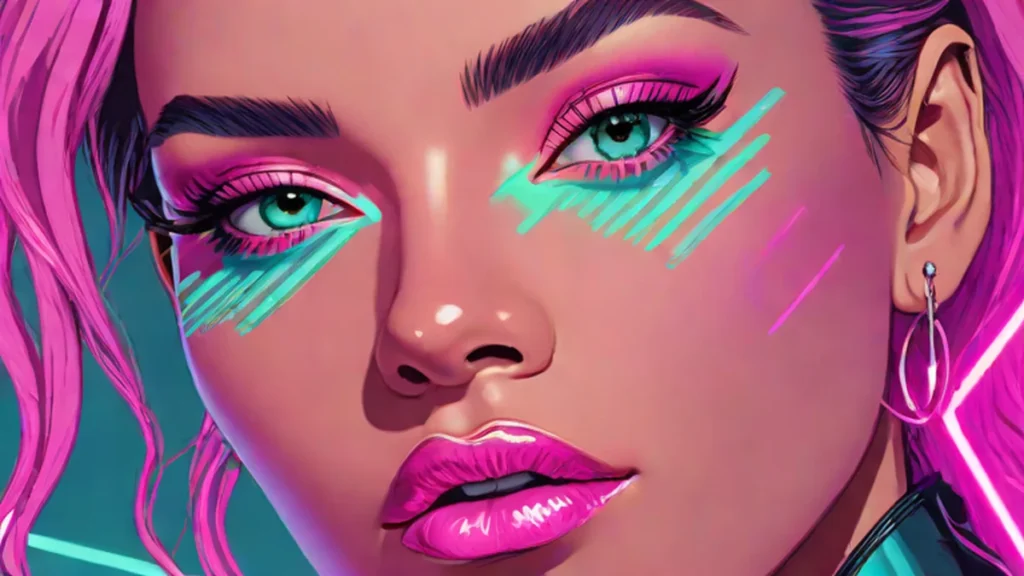 Close up of a woman wearing bold neon eyeliner and glossy eyeshadow with voluminous hair.