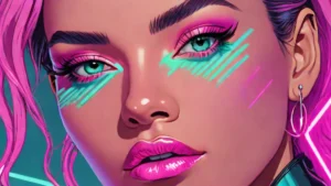Close up of a woman wearing bold neon eyeliner and glossy eyeshadow with voluminous hair.