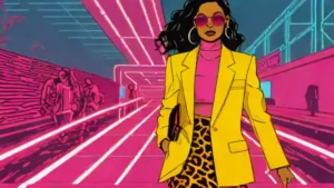 A fashionable woman wearing a yellow blazer and leopard print skirt on a runway.