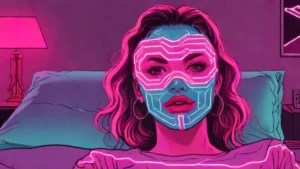 A woman using an Omnilux Contour LED light therapy mask for skincare.