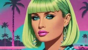 Close-up portrait of Paris Hilton with a sharp platinum blonde blunt bob haircut.