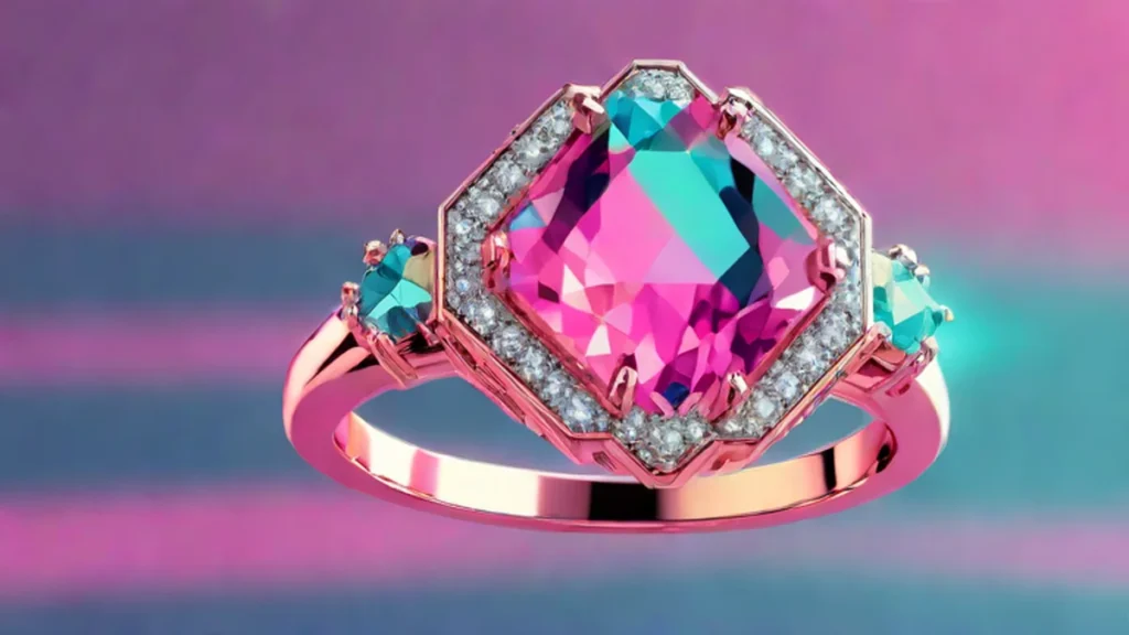 A large diamond engagement ring resting on a reflective chrome surface under bright lights.