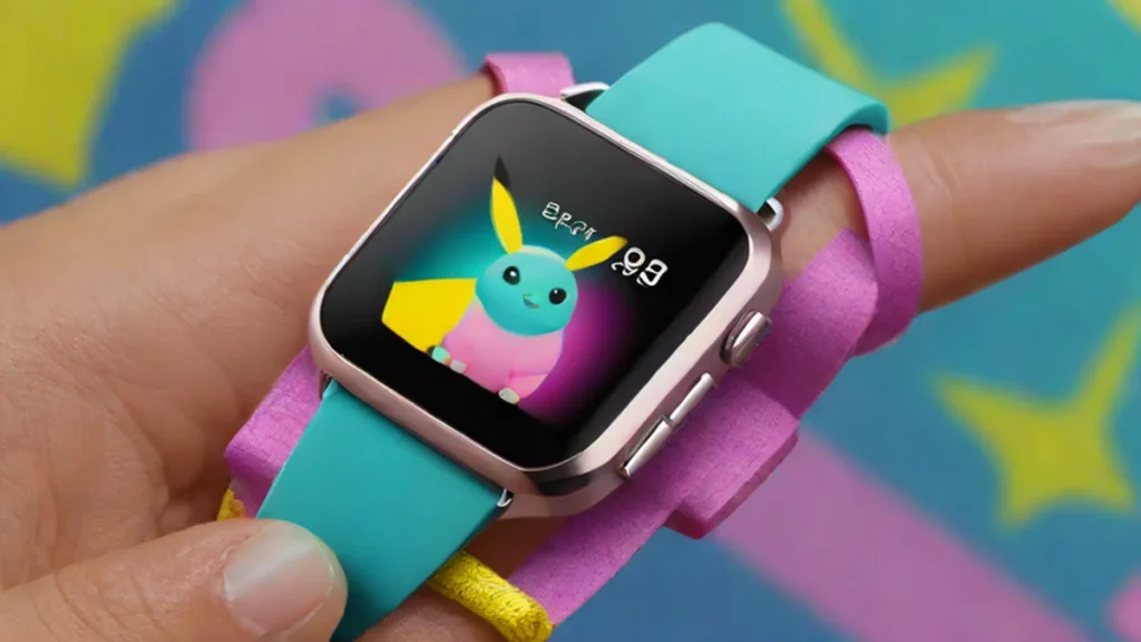 Close up of a blue Fitbit Special Edition smartwatch with a tiny sleeping Pikachu illustration on the wrist strap.
