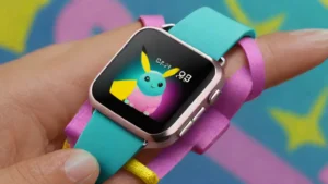 Close up of a blue Fitbit Special Edition smartwatch with a tiny sleeping Pikachu illustration on the wrist strap.