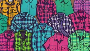 A variety of folded plaid button-down shirts in different patterns resting on a wooden surface.