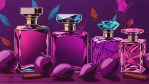 Elegant glass perfume bottles surrounded by sliced ripe purple plums and autumn spices.