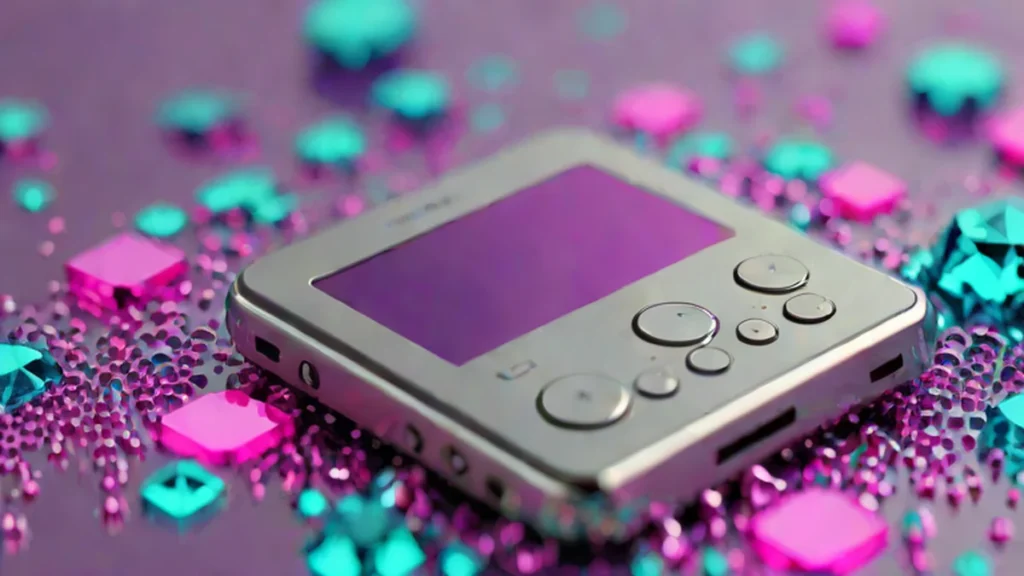 A silver digital music player resting on a reflective surface with scattered translucent beads.