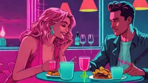A happy adult couple laughing together during an intimate candlelit dinner date night.