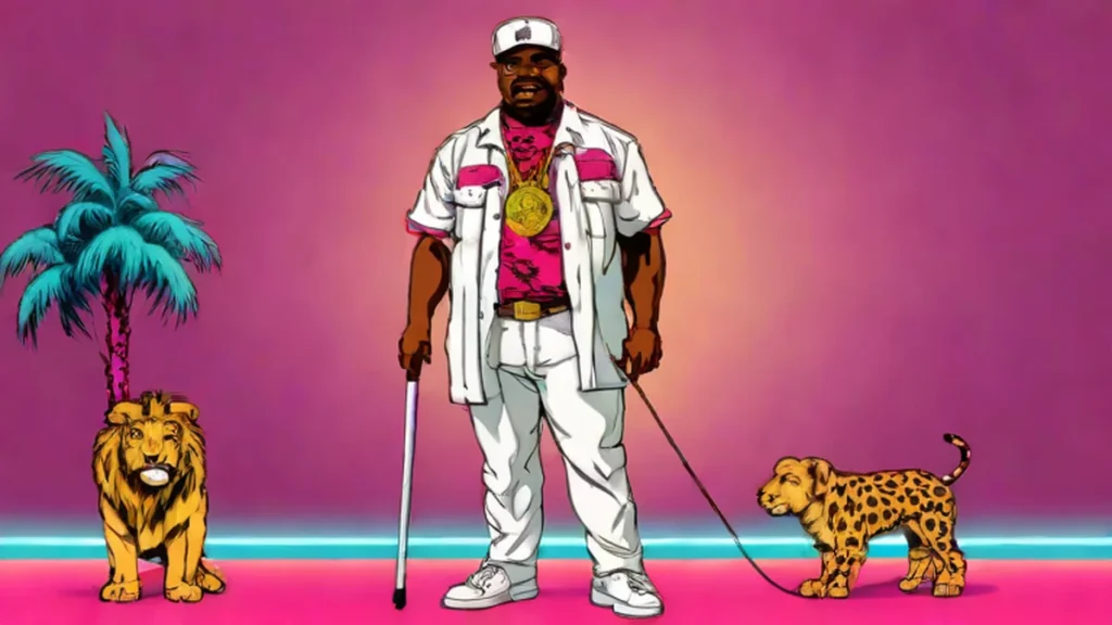 Reginald VelJohnson posing on a red carpet wearing a lion graphic tee and cow-print clogs.