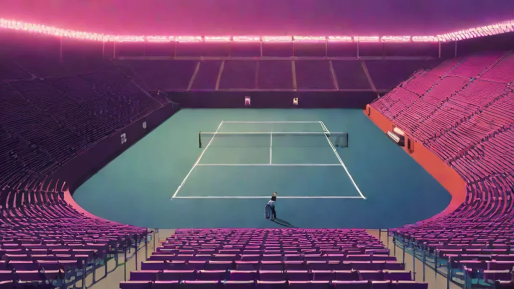 An empty professional tennis stadium with blue courts and spectator seating under bright lights.
