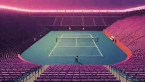 An empty professional tennis stadium with blue courts and spectator seating under bright lights.