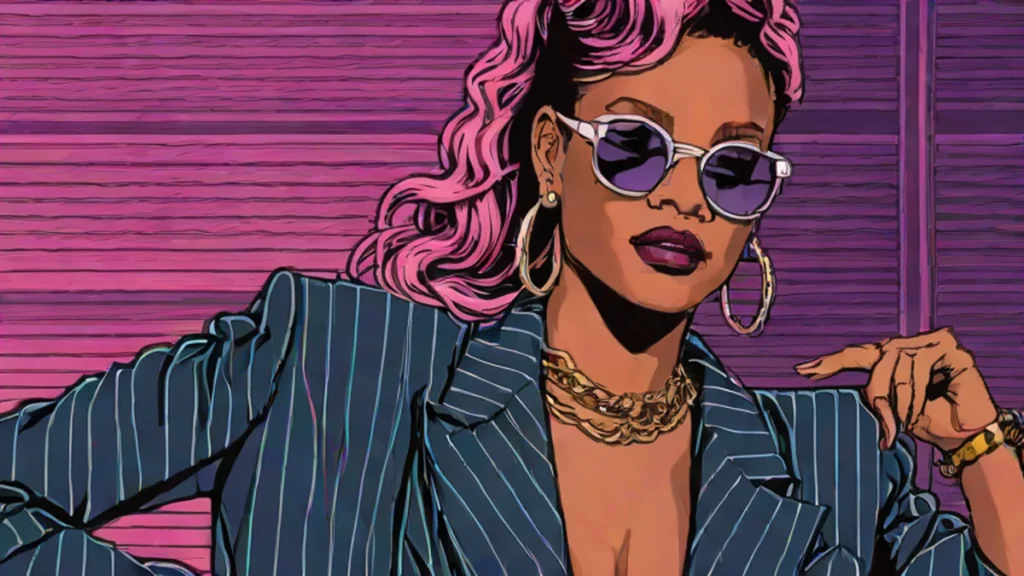 Rihanna wearing a navy pinstripe power suit with a black lace bra in Paris.