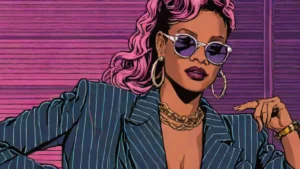 Rihanna wearing a navy pinstripe power suit with a black lace bra in Paris.