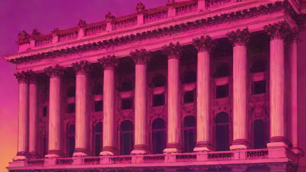 The grand classical architecture of the Palais Garnier opera house in Paris at sunset.