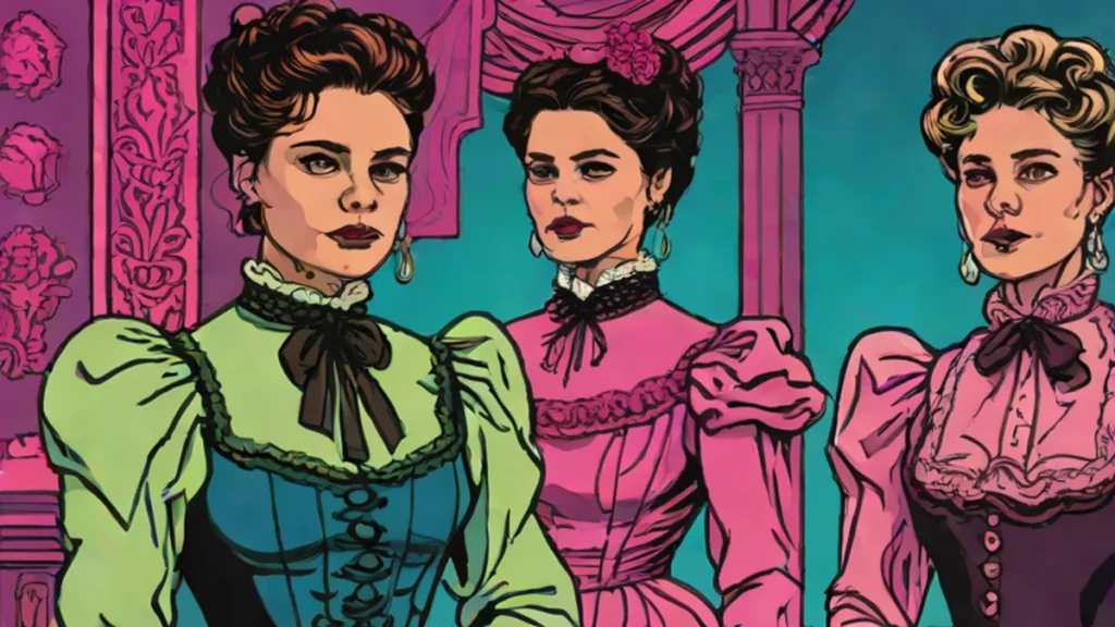 Two women in 1890s Victorian era clothing sharing an intense dramatic moment.
