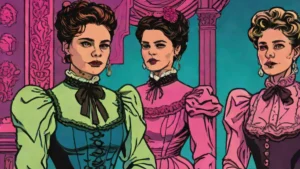 Two women in 1890s Victorian era clothing sharing an intense dramatic moment.