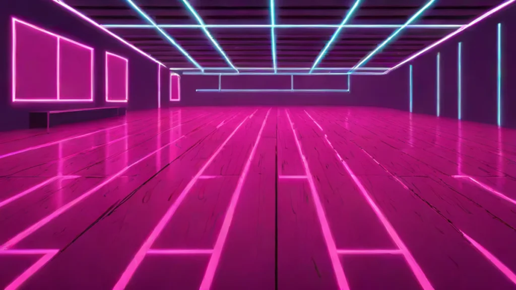 An empty professional ballroom dance floor with polished wood under soft stage lighting.